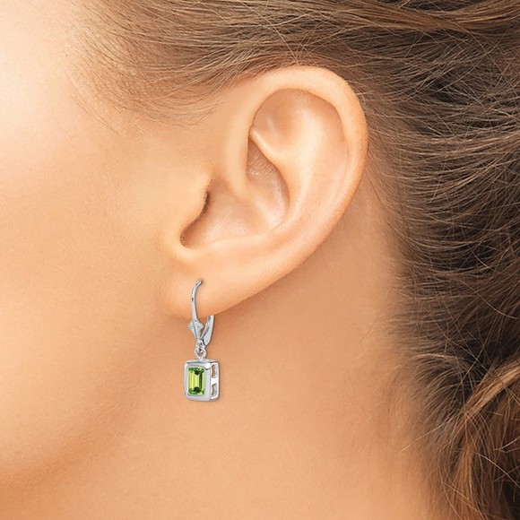 Sterling Silver 7x5 Emerald Cut Peridot August Birthstone Leverback Earrings - Picture 3 of 4